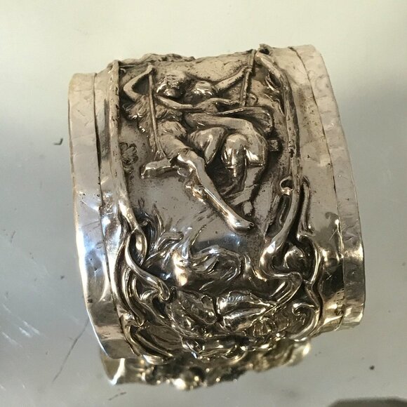 Victorian Spoon Ring Sterling Silver 925 Cuff Bracelet Floral Art Nouveau Heavy - Picture 2 of 8